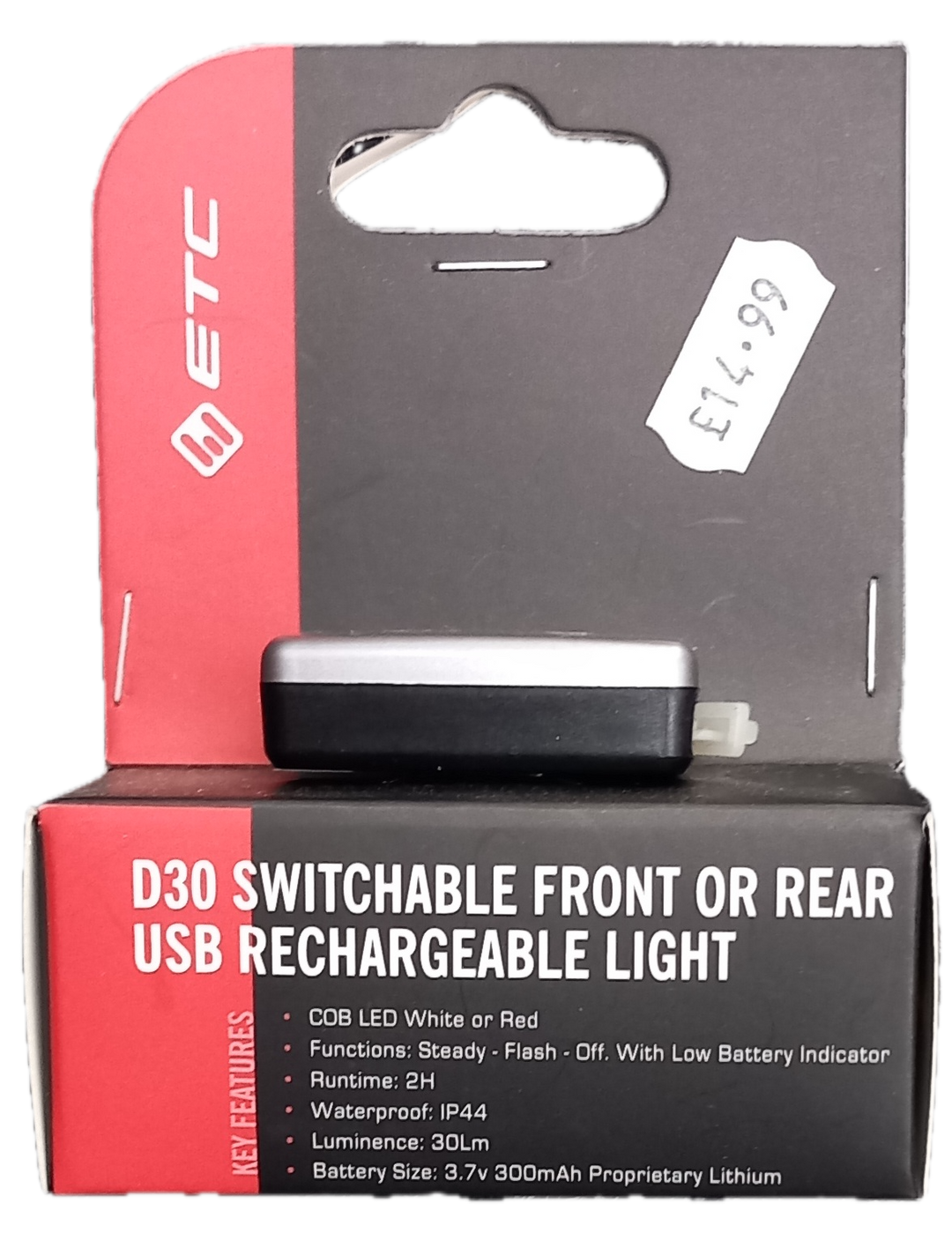 ETC D30 Switchable Front or Rear USB Rechargeable Light