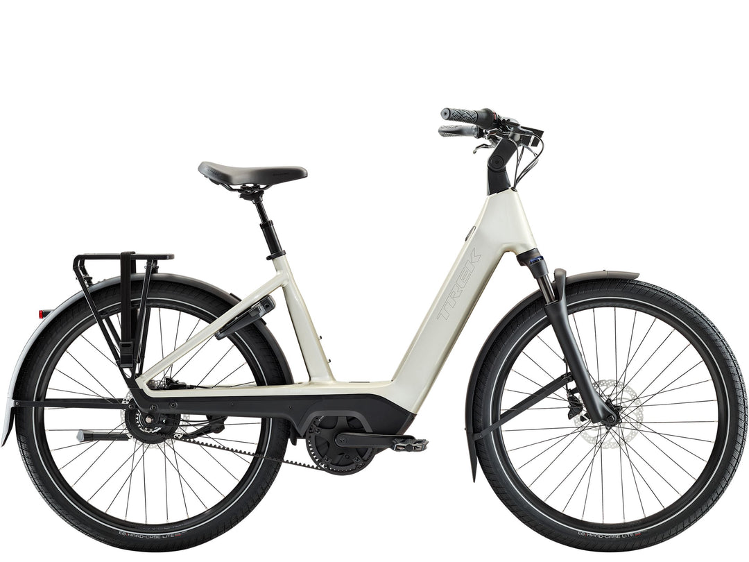 Trek Charter+ 4 Enviolo Belt 800 Lowstep Lunar Silver 2027 Electric Hybrid Bike