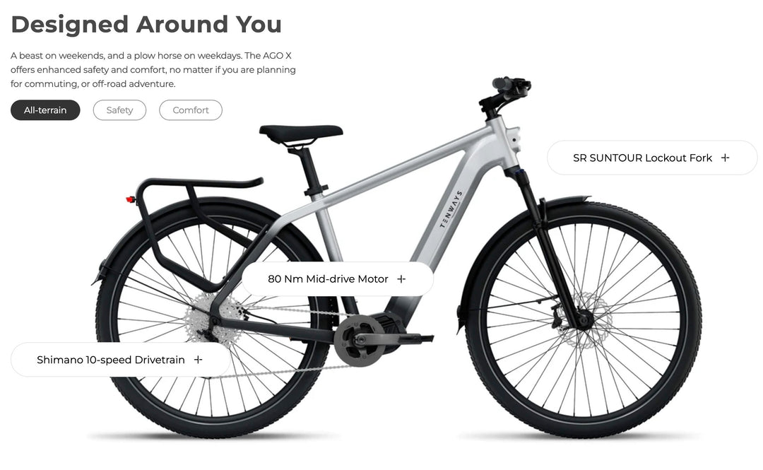 Tenways AGO X Urban Cross-Country Hybrid E-Bike